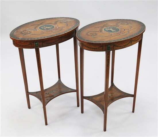 A pair of oval painted satinwood Sheraton revival side tables, W.1ft 9in.